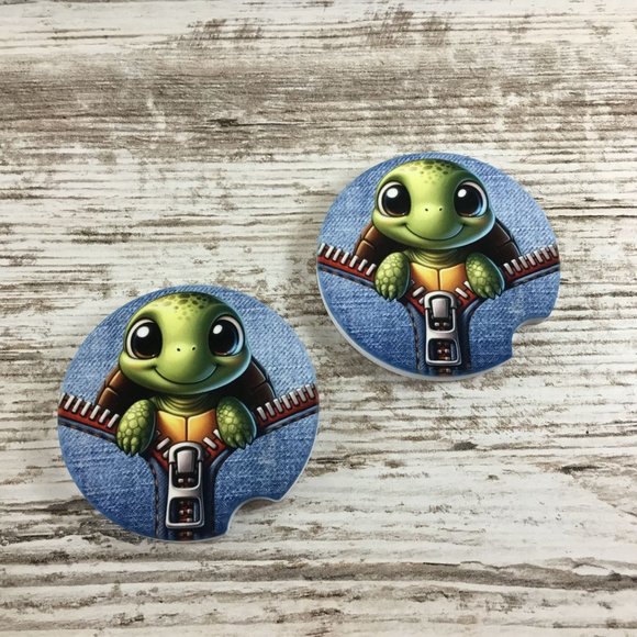 Turtle Peek-a-Boo Zipper Car Coasters Set of 2 - Picture 5 of 6